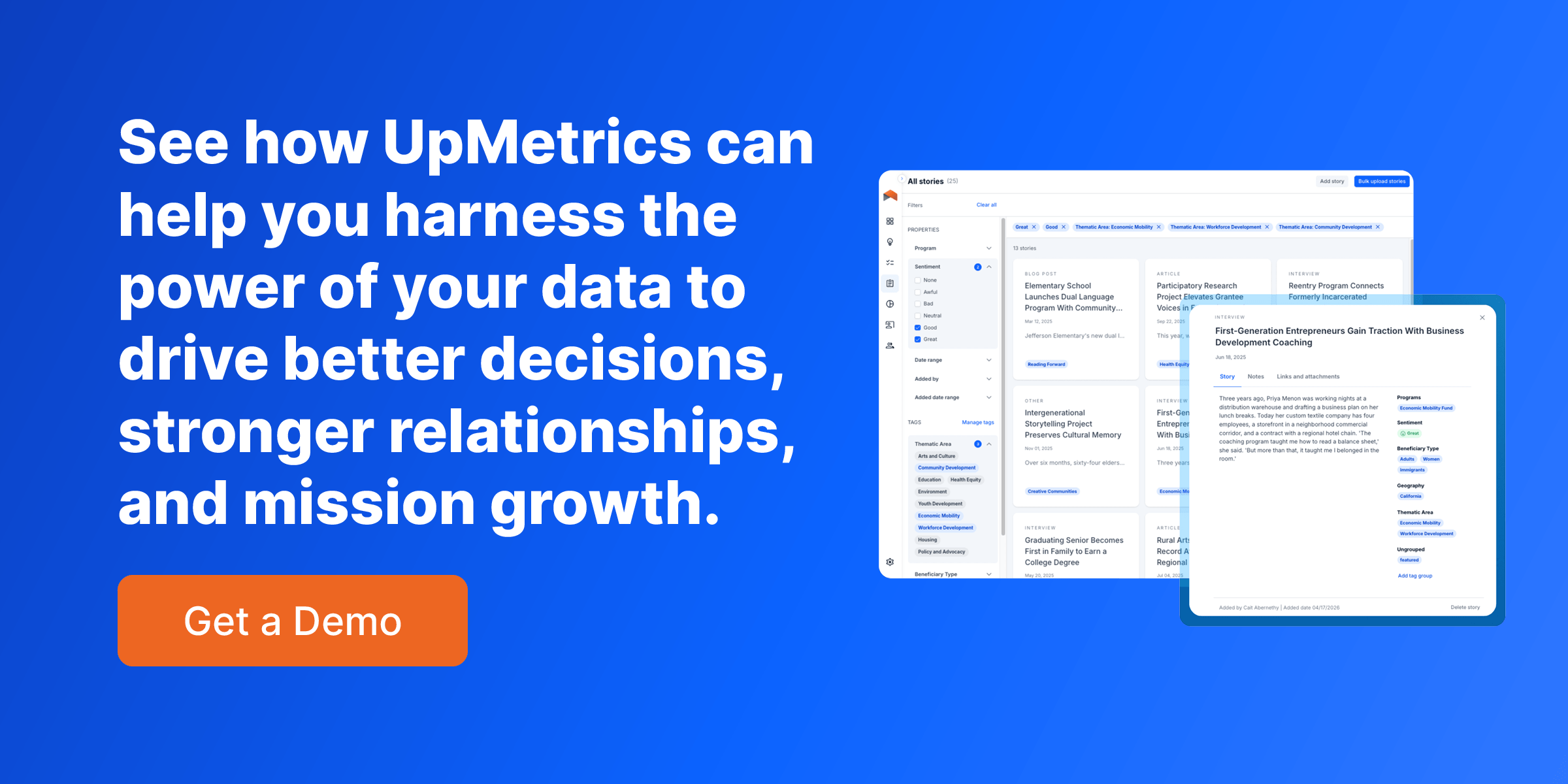 See how UpMetrics can help you harness the power of your data to drive better decisions, stronger relationships, and mission growth. Click for a demo.