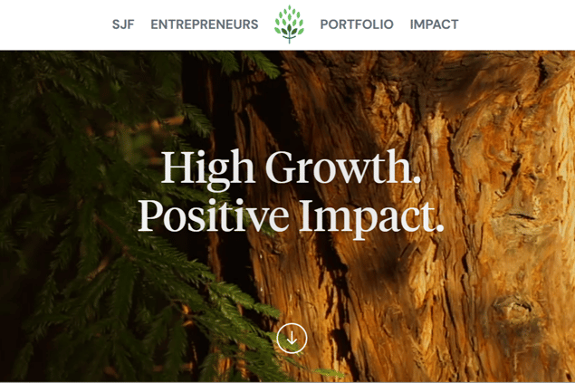 The homepage of SJF Ventures, an impact investment firm that uses UpMetrics for its impact measurement efforts.
